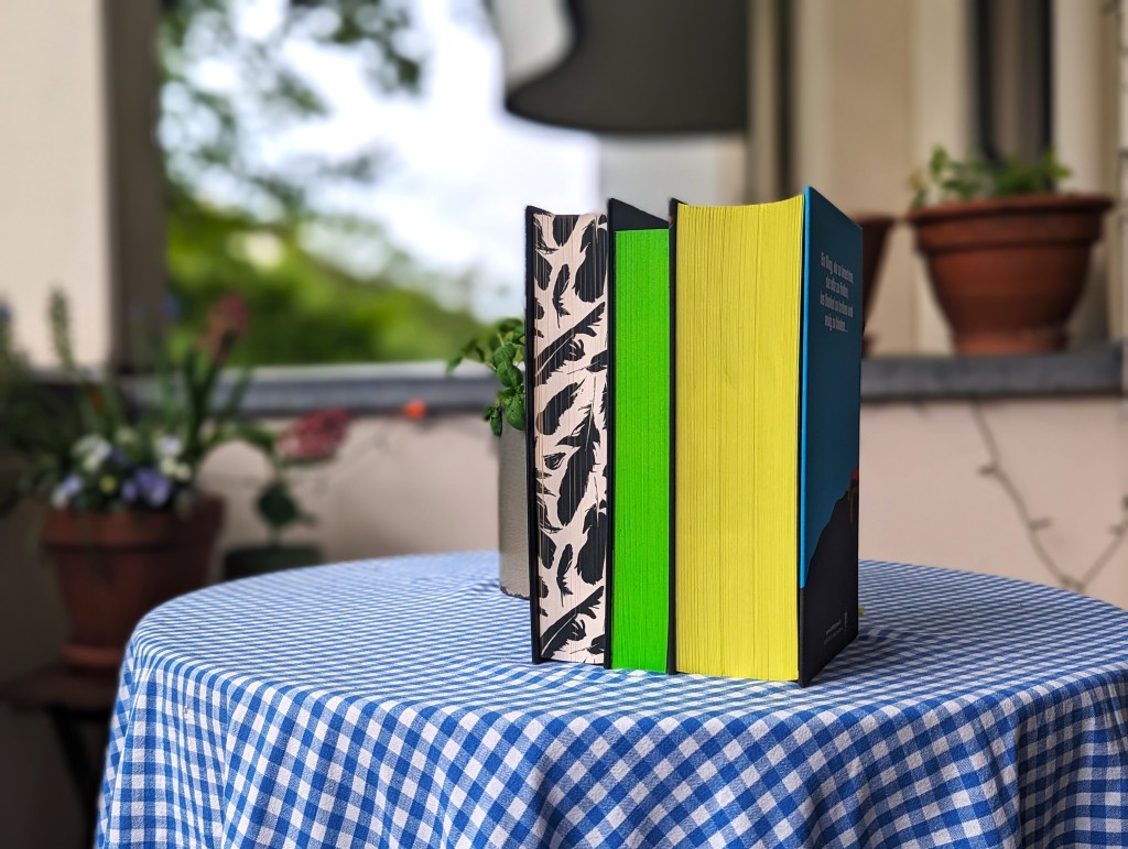 Drei Bücher mit Farbschnitt stehen auf einem mit einer blau-weiß-karierten Decke, sodass die Buchschnitte zu sehen sind. Den linken zieren Vogelfdern, der mittlere ist neongrün, der rechte gelb.